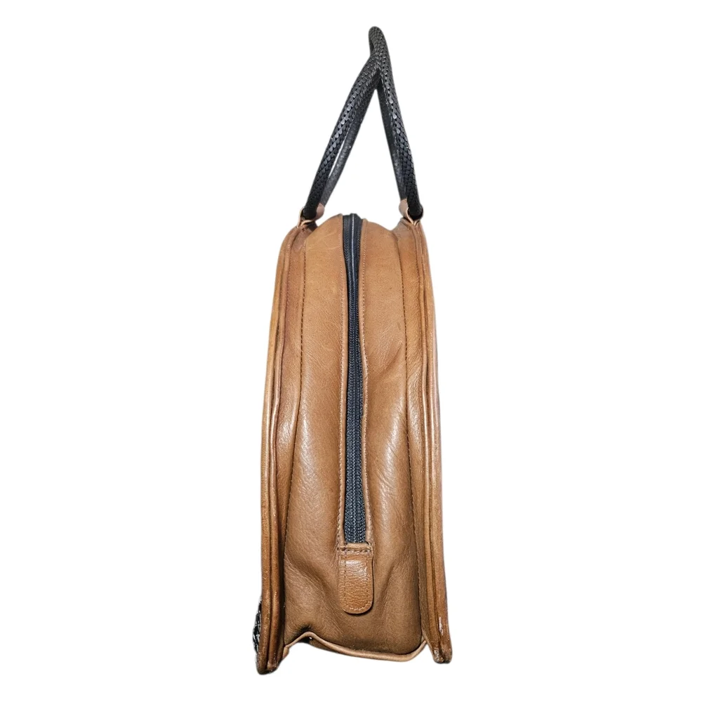 Vintage Whiting and Davis Mesh Metal and Brown Leather Top Handle Bag